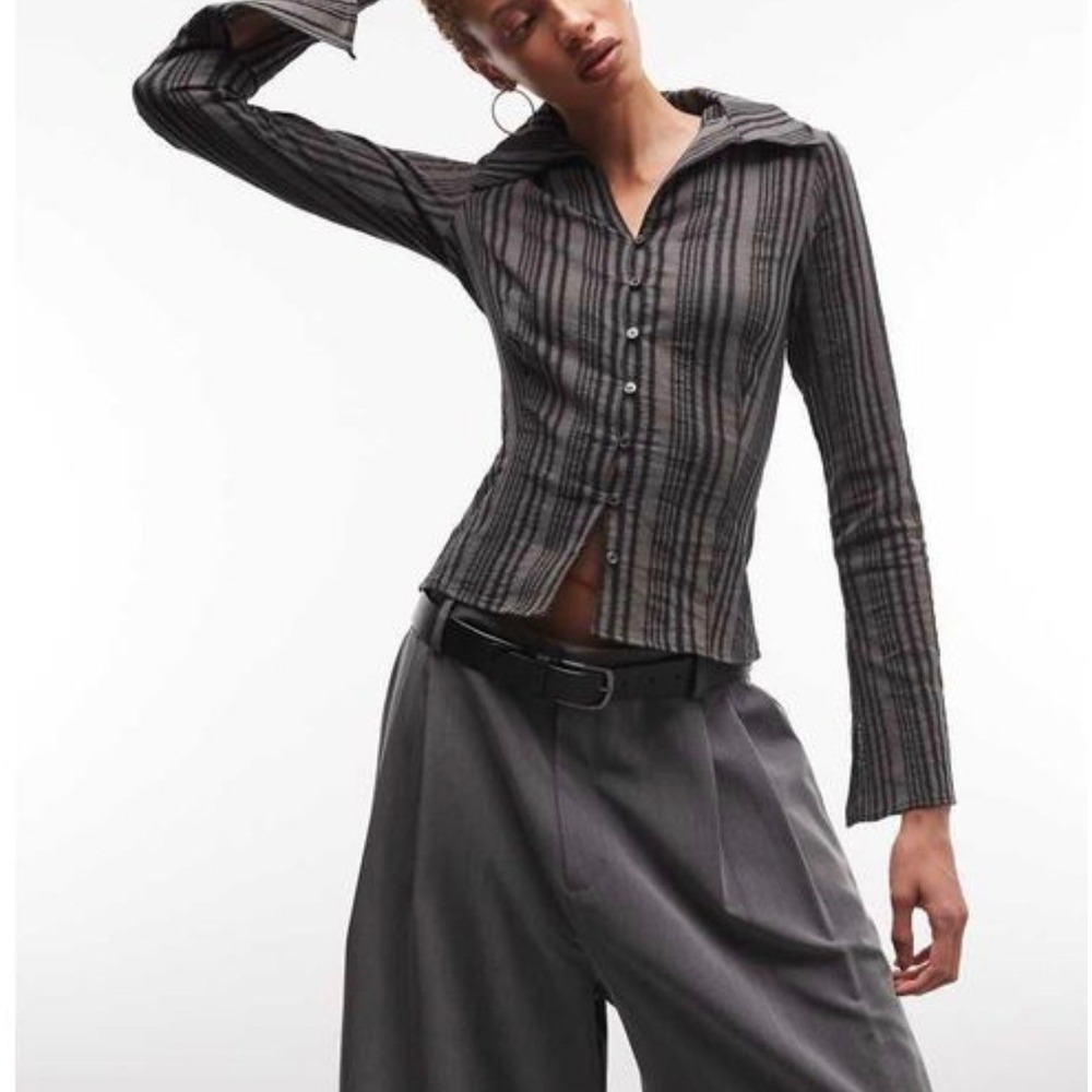 Weekday Shirt Womens 14 Grey Medium Dusty Striped Textured Flared Split Cuff